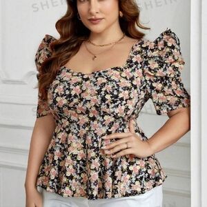 NWOT- Cottagecore SHEIN Floral Peplum Top, Size 2X.